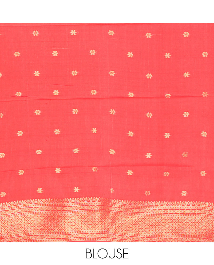 Yellow Litchi Saree, Detailed with Paisley Butta Enclosed Checks, Complemented by a Contrast Rettai Pettu Peacock-Elephant Border, a Contrast Blouse