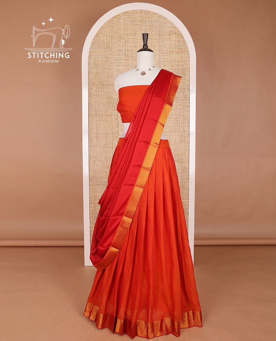 Orange mercerised cotton daman zari border half saree with cotton blouse & georgette one side zari border