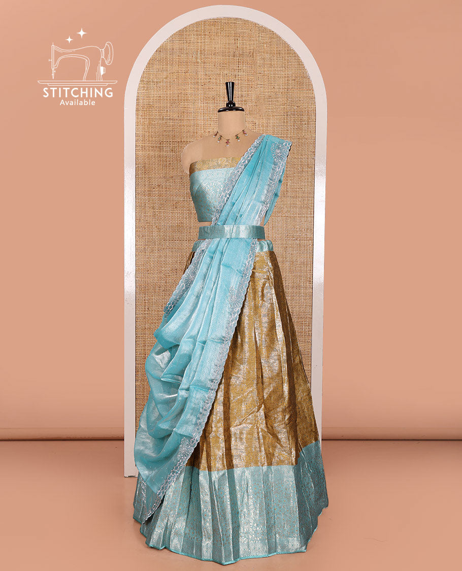 Mustard Banarasi Half-Saree Featuring Jacquard Design Skirt, Complemented by Contrast-Rich Zari-Woven Intricate Border, Paired with a Matching Blouse, Contrast Velvet Organza Stone Work Dhavani, and Brocade Belt