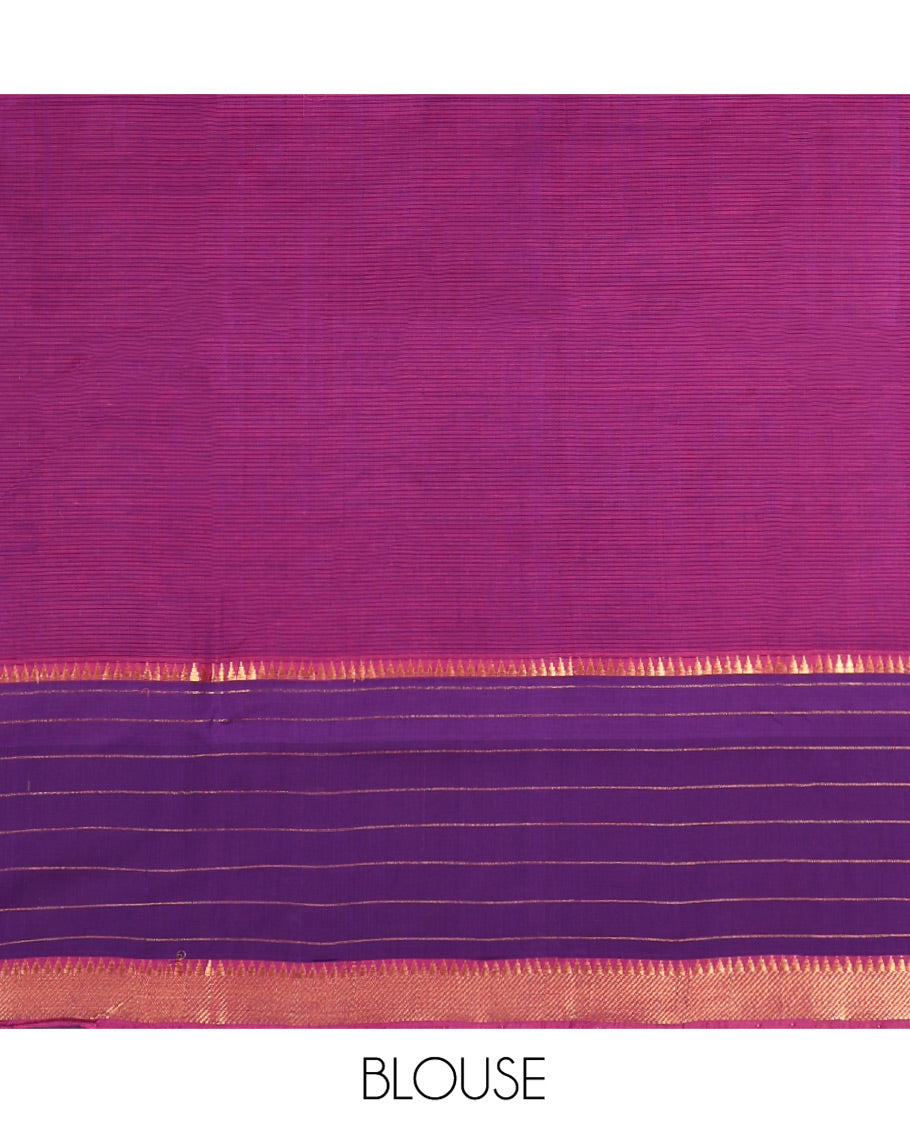 Pink Mangalgiri Cotton Saree, Sparsely Woven with Stripes on Its Body, Complemented by Contrast Zari Temple Checked Border, Zari-Striped Pallu, and Paired with a Contrast Blouse