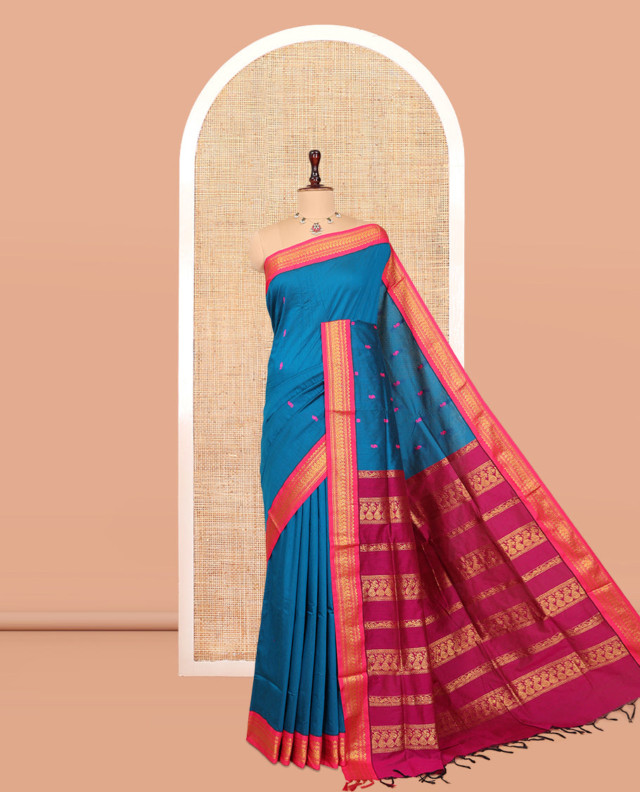 Blue Kalyani Cotton Saree, Woven with Thread Buttas, Complemented by a Contrast Traditional Border, Traditional Pallu, and a Contrast Blouse