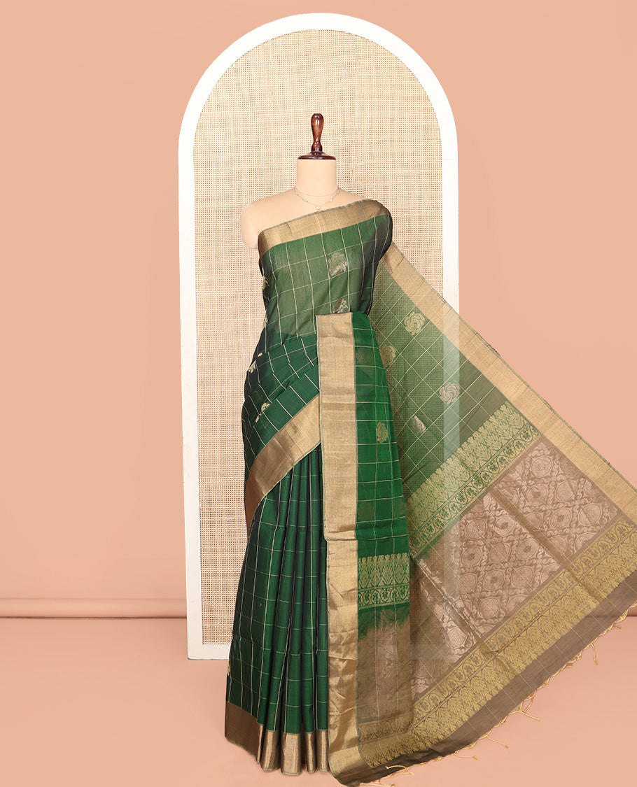 Green Silk Cotton Saree, Bedecked with Butta Enclosed Checks, Complemented by a Contrast Zari Border, Intricately Designed Pallu, and a Contrast Blouse