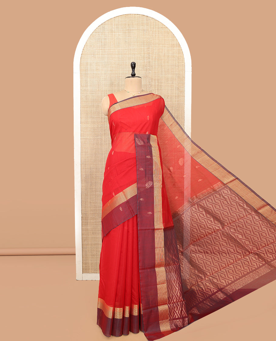 Red Silk Cotton Saree, Woven with Zari Buttas, a Contrast Zari Buttas Border, Intricate Pallu, and a Contrast Blouse