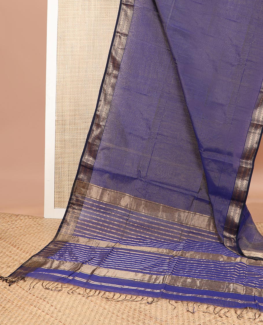 Blue striped maheswari cotton saree with self zari design border & striped pallu