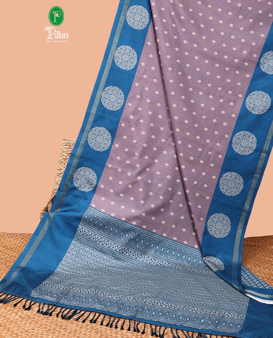 Mauve all-over small buttas katan silk saree with contrast double side bentex border & weaving heavy rich pallu along with contrast printed blouse
