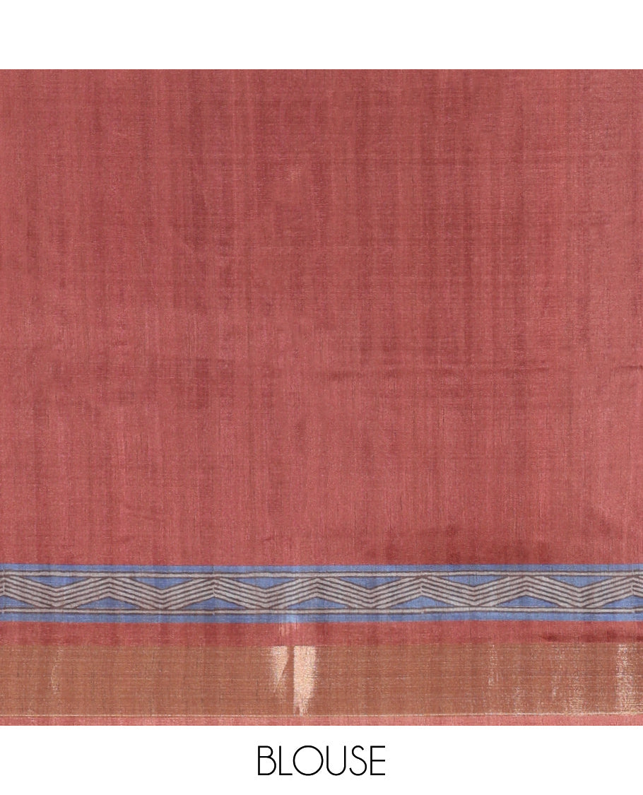 Blue Art Tussar Saree, Adorned with Geometric Patterns, a Contrast Zari Border, a Geometric Pallu, and a Contrast Blouse