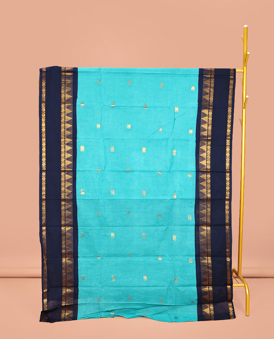 Blue Sungudi Cotton Saree, Elevated with Zari Buttas on Its Body, Complemented by a Contrast Retttai Pettu Traditional Zari Design Border, Zari-Striped Pallu, and Paired with a Contrast Blouse