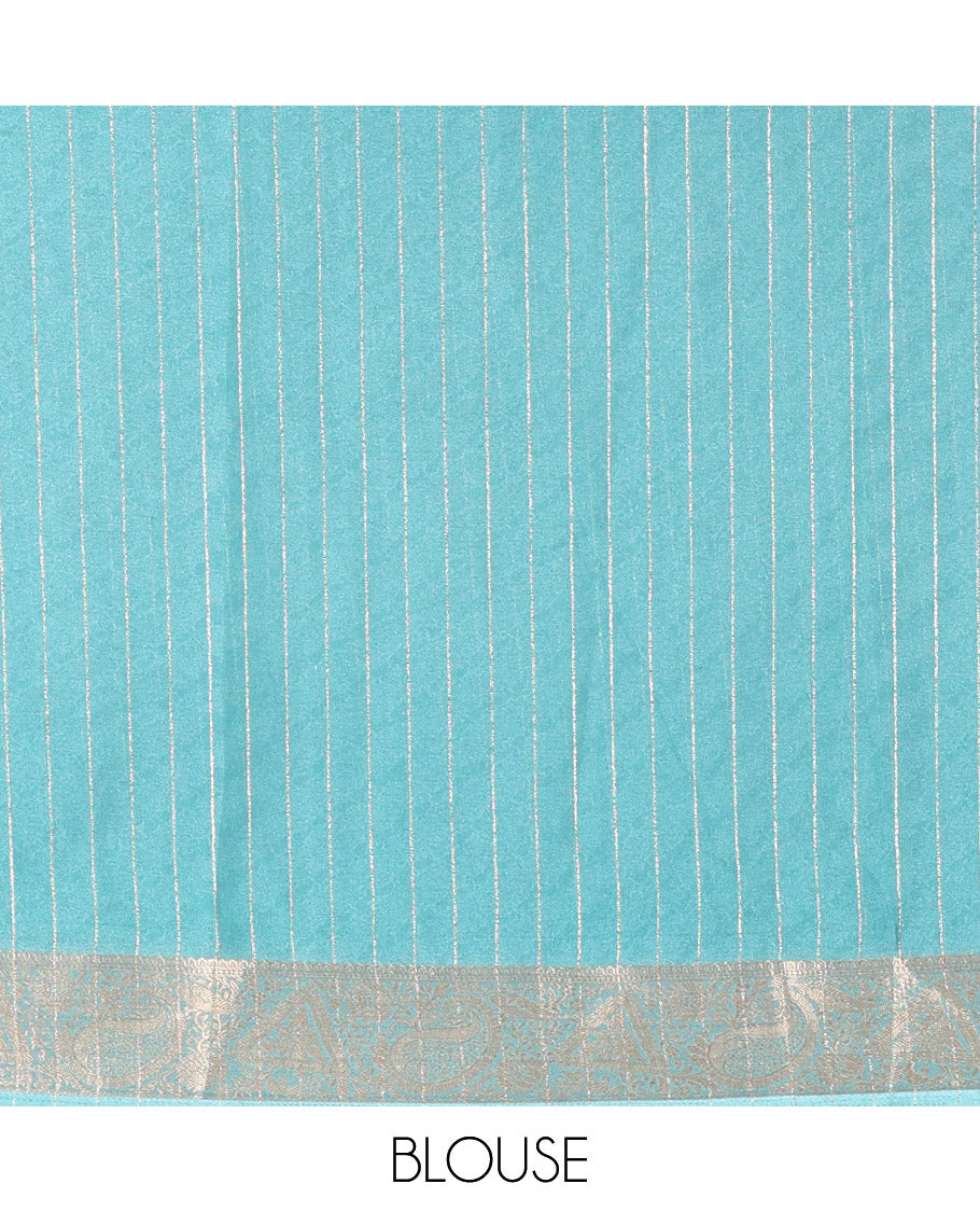 Blue Moss Chiffon Saree, Gleamed Up with Vertical Zari Stripes All Over Its Body, Highlighted by a Zari Border of Paisleys and Diamond Designs, a Self-Pallu, and Paired with a Matching Blouse