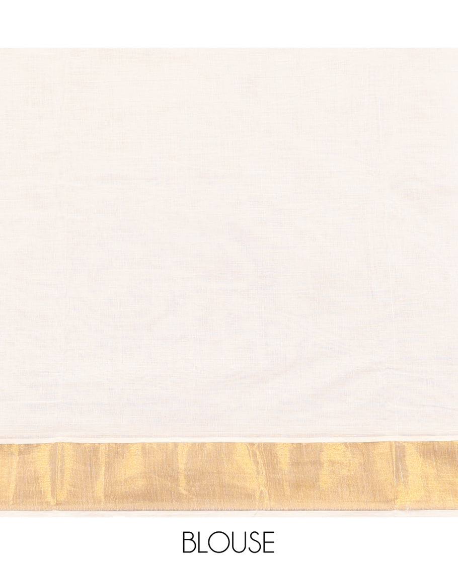 Cream Plain Kerala Cotton Saree, a Subtle Bavanji Border, Gleaming Zari Pallu, and Is Paired with a Matching Blouse