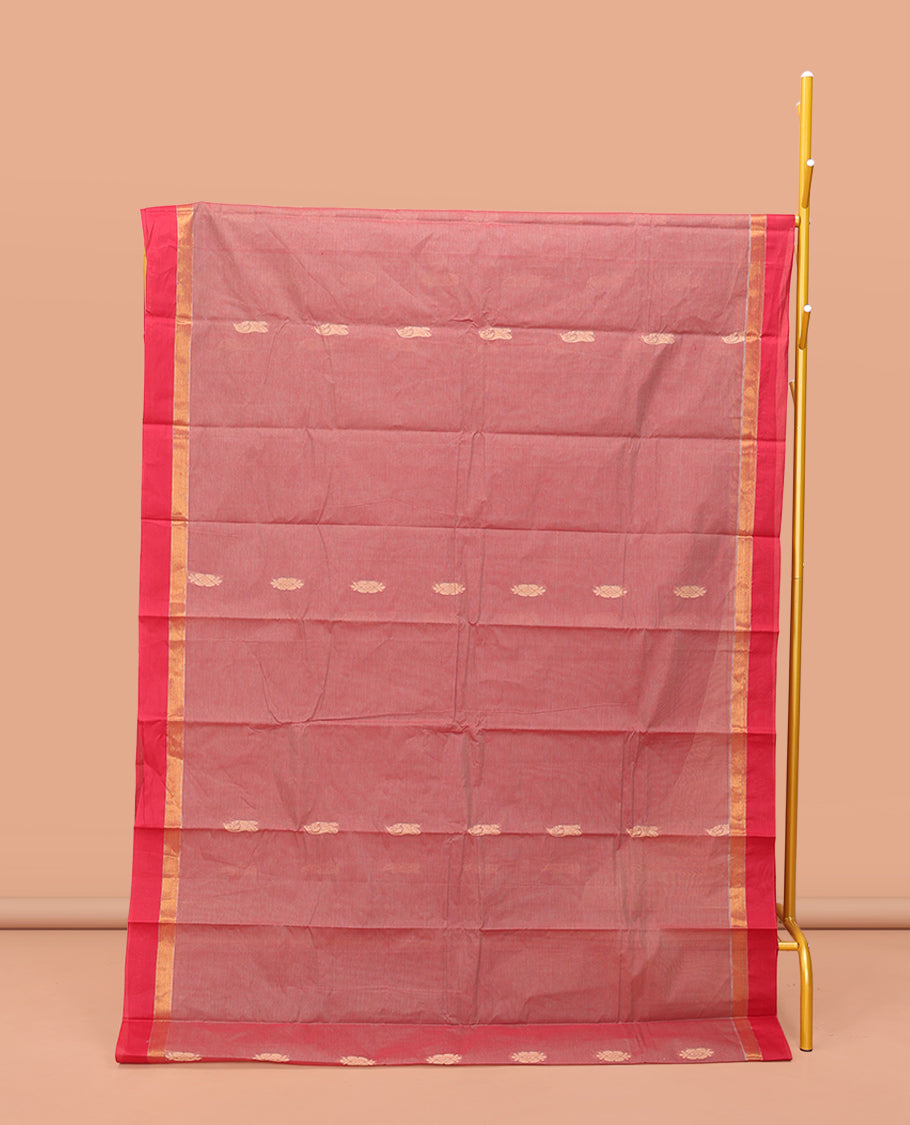 Peach Kanchi Cotton Saree, Elevated with Thread Buttas on Its Body, Complemented by a Contrast Border, Floral-Design Pallu, and a Matching Blouse
