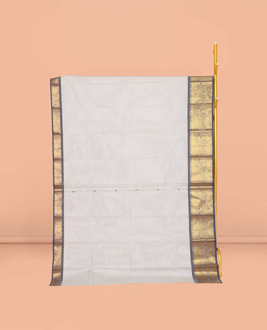 Grey Chettinad Cotton Saree, Adorned with Buttas All Over Its Body, Complemented by a Contrast Peacock Zari Design Border, Pallu of Stripes and Buttas, and Paired with a Matching Blouse