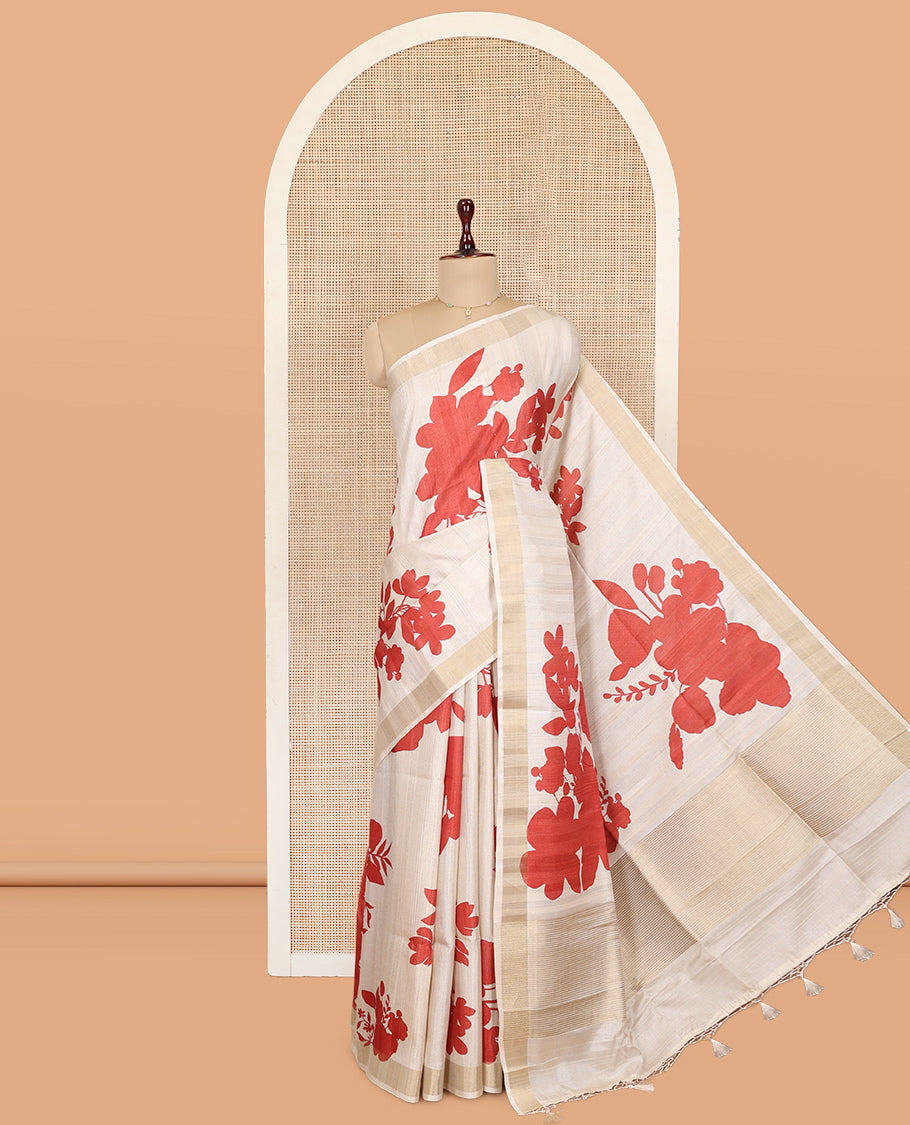 Cream Tussar Silk Saree, Adorned with Floral Silhouette Print, a Zari Border, and a Contrast Printed Blouse