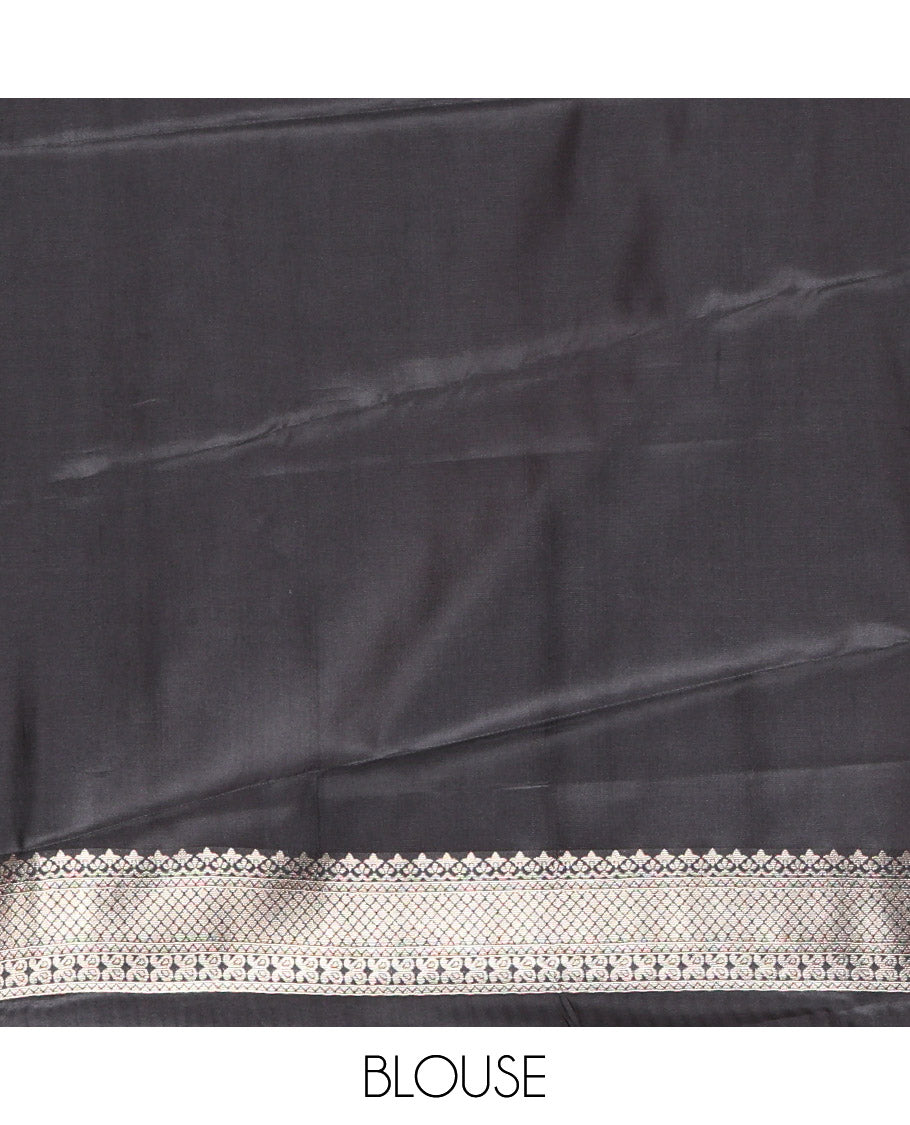 Red Kanchi Silk Saree Accentuated with Zari Stripes and Polka Dot Buttas All Over Its Body, Complemented by Contrast Border of Butterfly Zari Motifs, Pallu Enriched with Chakram Motifs, and Paired with a Contrast Blouse