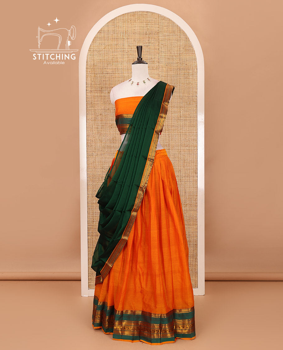 Mango yellow-green Mercerised cotton half-saree, plain & contrast rettai pettu traditional border skirt, matching blouse & zari border syska georgette dhavani