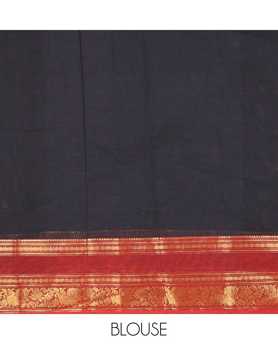 Black thread buttas Chettinad cotton saree, contrast traditional design rettai pettu border, striped pallu, and a matching blouse