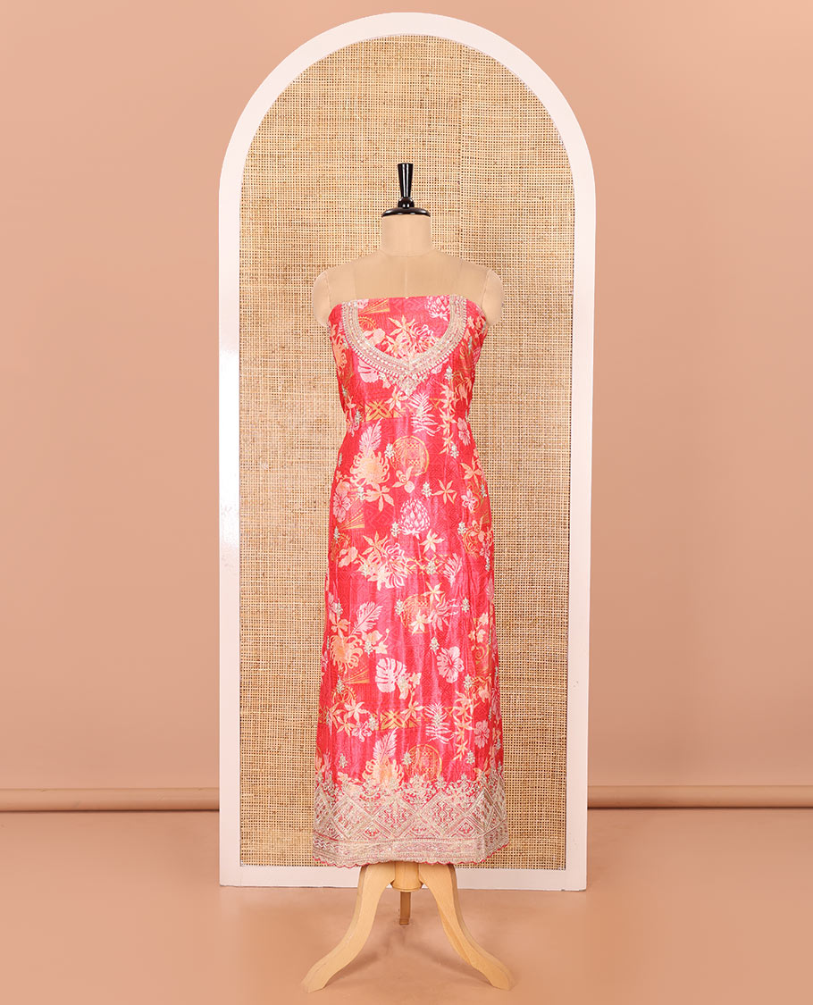 Tomato Pink Material Chudidar Set Decked Up with Floral-Geometric Printed with Neck Embroidered Chinon Top, Subtly Made Plain Santoon Bottom, and a Chinon Dupatta Featuring Printed Border, and Glitter Dots
