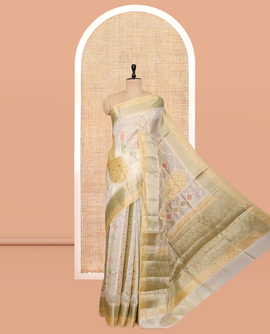 Yellow Dupion Silk Saree, Embellished with Rangkat-Style Mughal Designs, a Contrast Traditional Zari Border, Ogee Pallu, and a Contrast Blouse