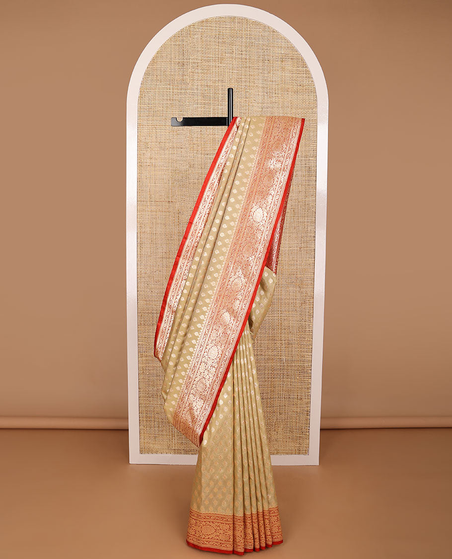 Mint green leaf buttas semi banaras nylon saree with self intricate zari design border & floral jaal design pallu