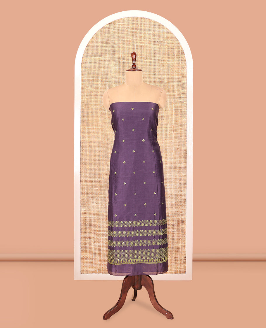 Wine Semi-Silk Material Churidar Thread-Sequins Embroidered Top, a Plain Bottom, a Embroidered Dupatta