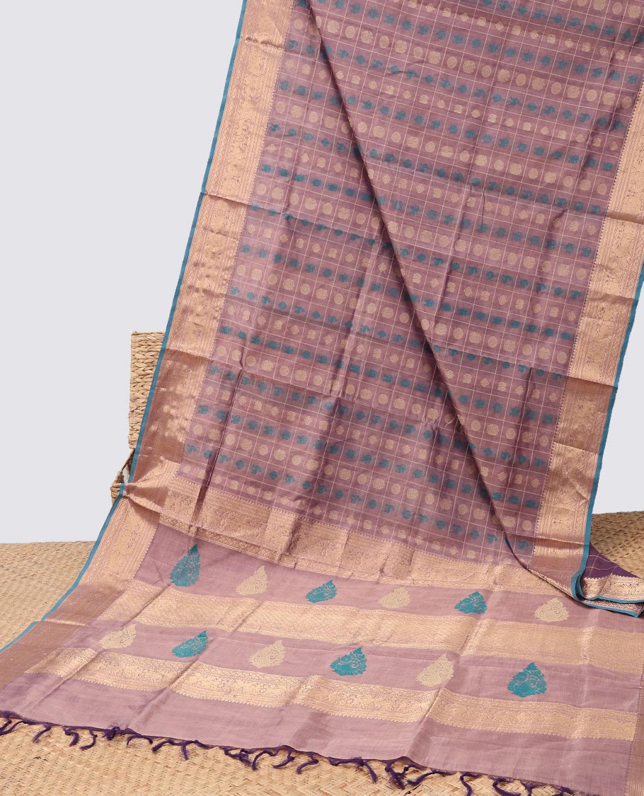 Mauve motifs enclosed with checked cotton silk saree with contrast striped border & zari floral design pallu