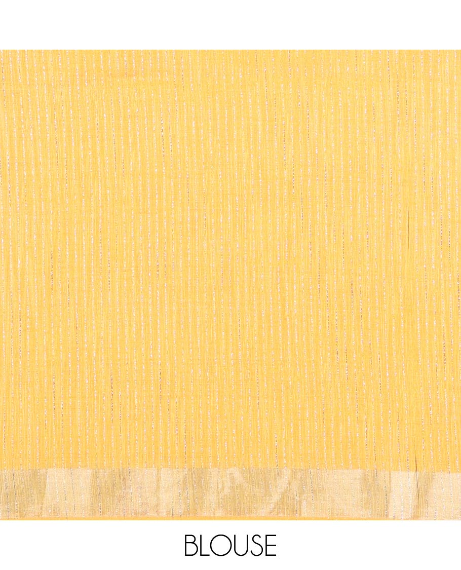 Yellow Linen Zari Cotton Saree, Gleamed Up with Zari Stripes All Over Its Body, a Subtle Zari Border, a Self-Pallu, and Comes Without a Blouse