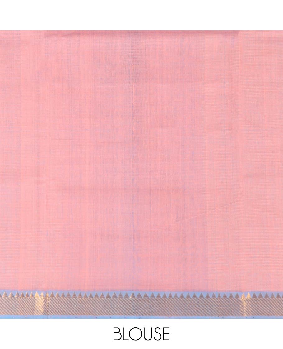 Blue striped mangalagiri cotton saree with contrast temple zari border & striped pallu