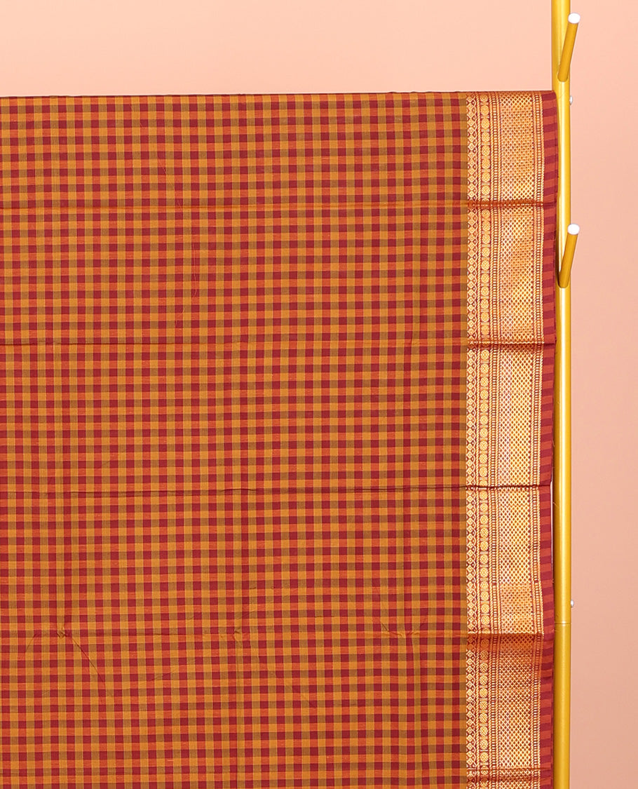 Orange-Red Chettinad Cotton Saree, Gleamed Up with Micro-Checks, Highlighted by Traditional Zari Border, Striped Pallu, and No Blouse