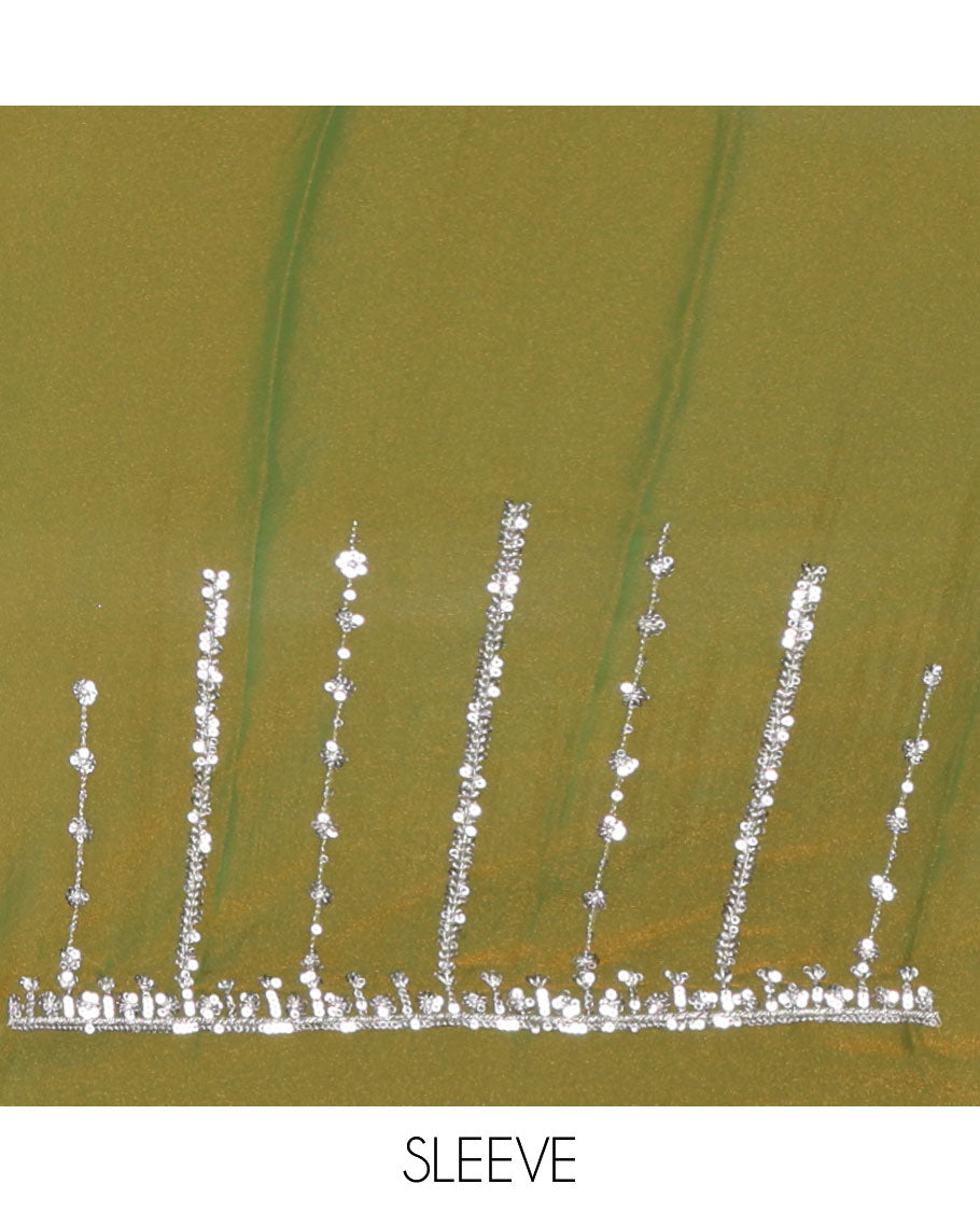 Parrot green vertical stripes embroidered shimmer chiffon saree, scallop embroidered border, embroidered pallu, and fancy embroidered matching blouse