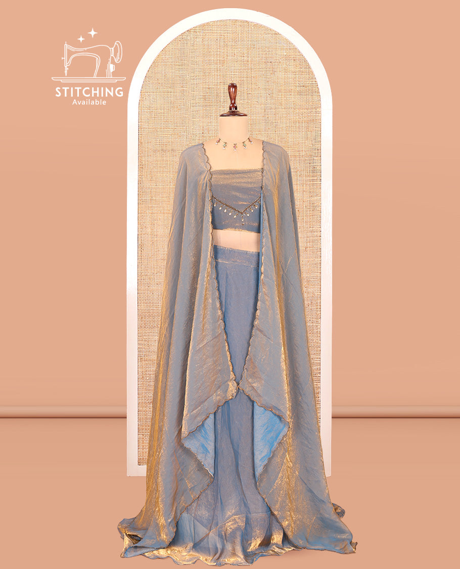 Steel Blue Fendi Organza Half-Saree, Plain Skirt, Matching Embroidered Blouse, Matching Scallop Dhavani