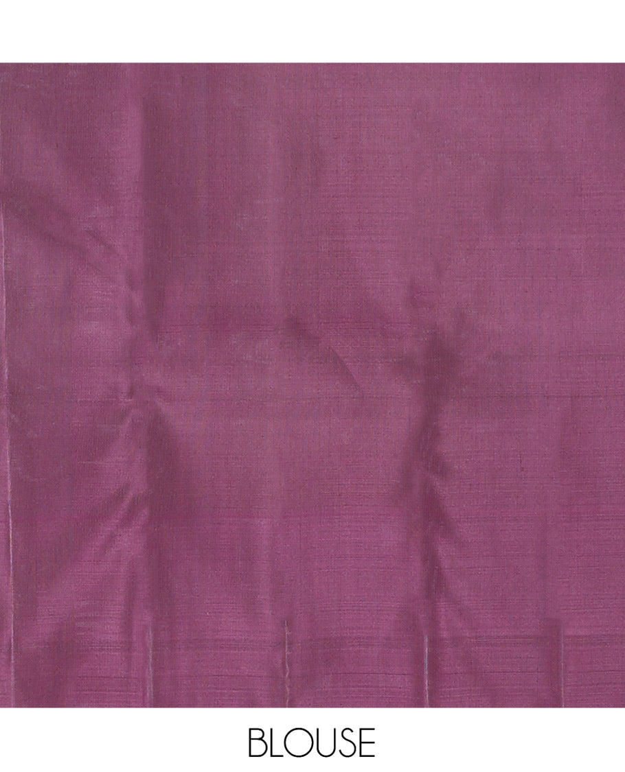Grey Kanchipuram Silk Saree, Adorned with Zari Buttas, Complemented by a Contrast Bharatanatyam Dancer Figurines Woven Border, Jaal Pallu, and Contrast Blouse