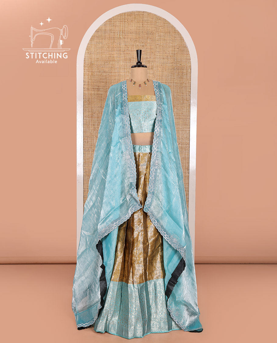 Mustard Banarasi Half-Saree Featuring Jacquard Design Skirt, Complemented by Contrast-Rich Zari-Woven Intricate Border, Paired with a Matching Blouse, Contrast Velvet Organza Stone Work Dhavani, and Brocade Belt