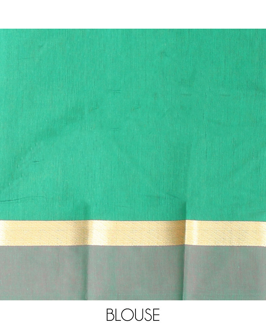 Red Semi-Silk Cotton Saree, Graced with Peacock Buttas All Over Its Body, Complemented by a Contrast Border of Peacock Designs, Pallu Steeped with Peacock Zari Design, and Paired with a Contrast Blouse