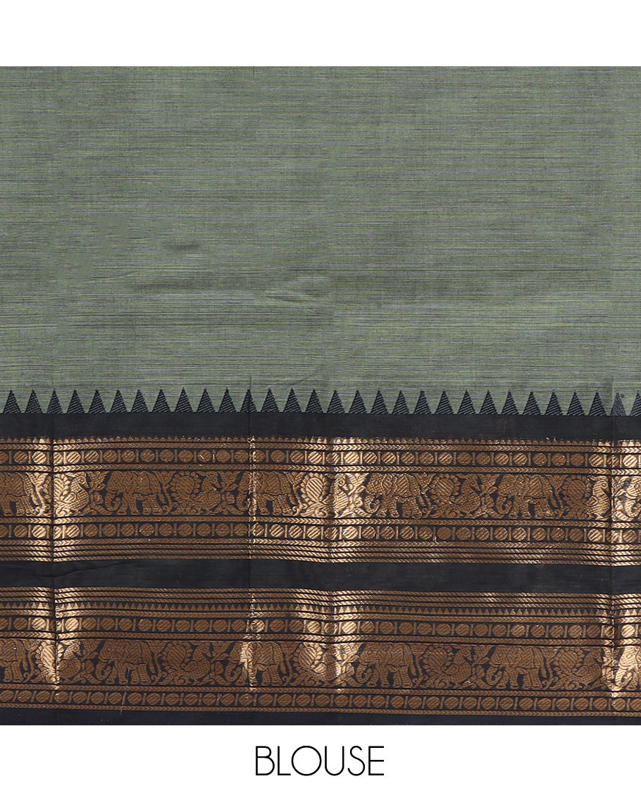 Green Plain Chettinad Cotton Saree, Complemented by a Contrast Rettai Pettu Elephant-Peacock Temple Border, a Matching Blouse