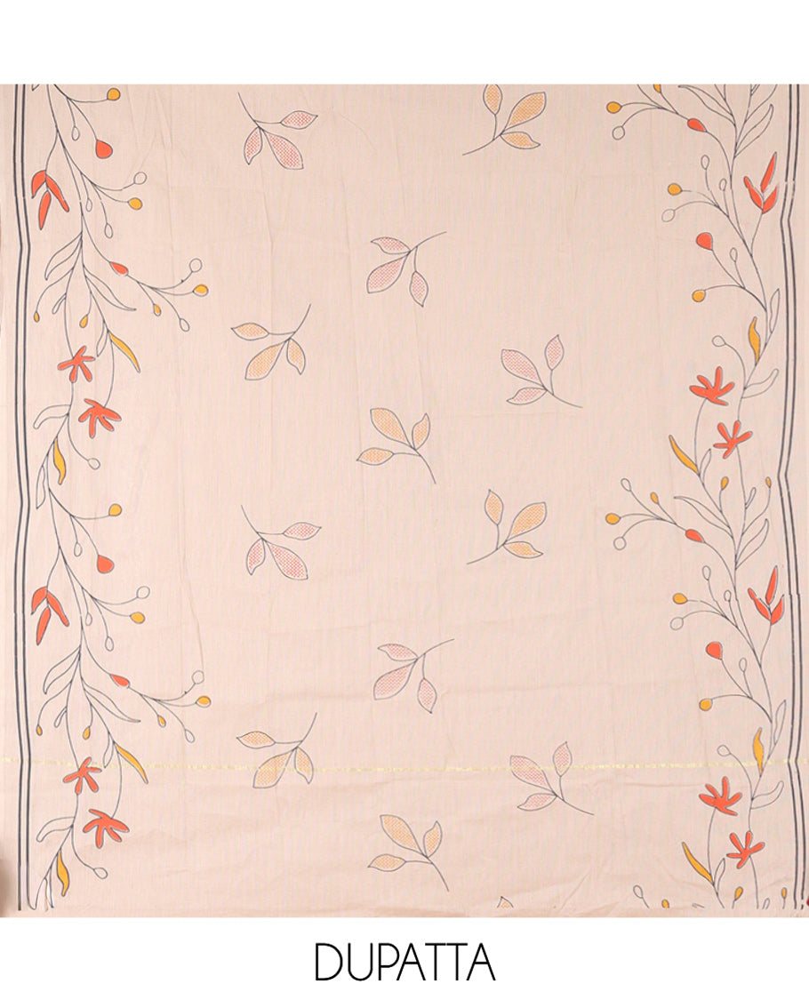 Dark Grey Handloom Cotton Material Chudidar Set, Accentuated with Floral Design Print On Its Top, Complemented by Contrast Bottom, and Paired with a Contrast Floral Printed Dupatta