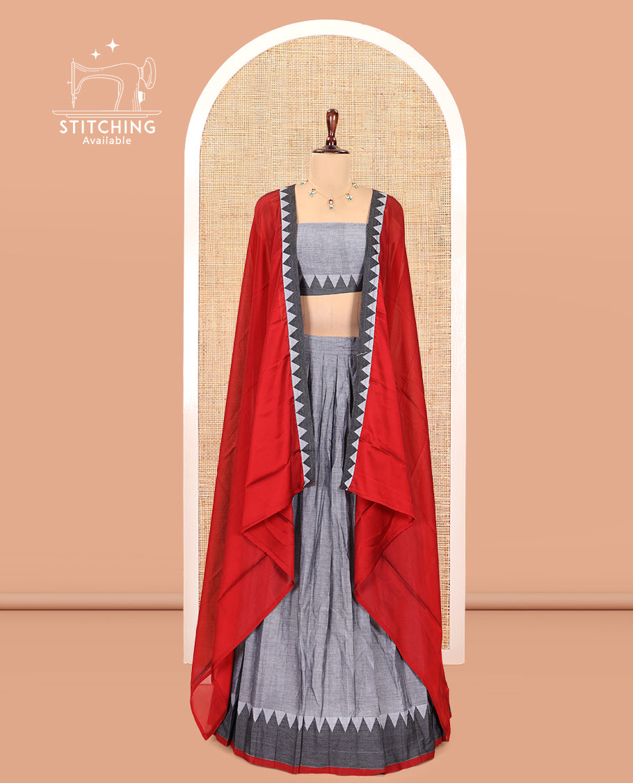 Grey Mercerised Cotton Half-Saree, Plain Skirt, a Temple Border, a Matching Blouse, Contrast Dhavani