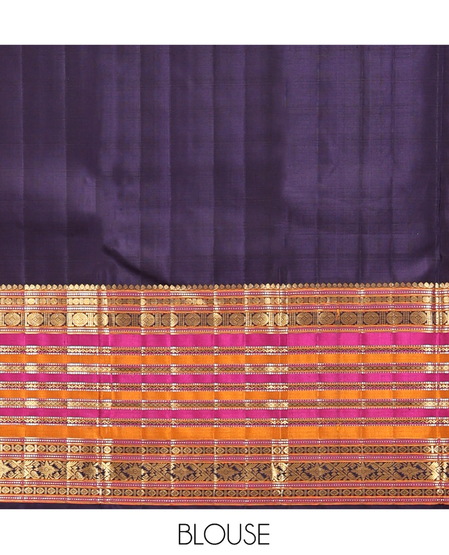 Violet Kanchipuram Designer Silk Saree Features Mayil-Chakra Checks, Contrast Border of Thilakam Mokku, Muthu, Poun, Chakram, Neli, and Mayil Kann, Geometric Pallu, and a Matching Blouse