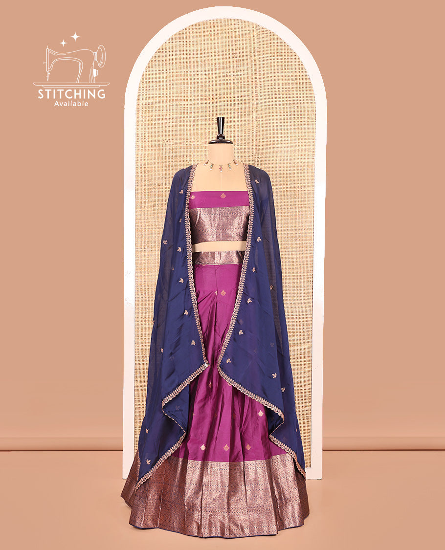 Purple and Navy Blue Semi-Banarasi Half-Saree, Bedecked with Zari Buttas on Its Skirt, Complemented by a Contrast Traditional Zari Designs Woven Border, Paired with a Matching Blouse, and a Contrast Satin Georgette Embroidered Scallop Dhavani