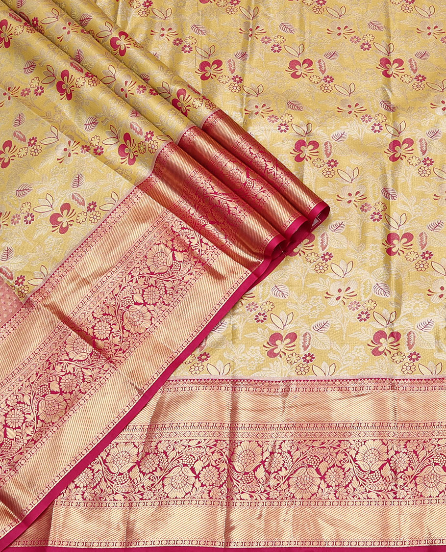 Yellow Art Silk Material Half Saree Set, Ornamented with Floral Jacquard Skirt, a Contrast Traditional Design Border, Contrast Blouse, and an Intricate Dhavani