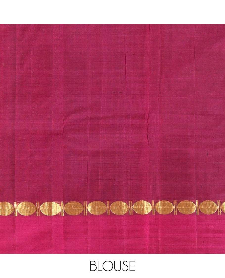 Blue Striped Kanchipuram Silk Saree, Complemented by a Contrast Kal Eragina Border of Rudraskham Design, Pallu of Zari Design, and a Contrast Blouse