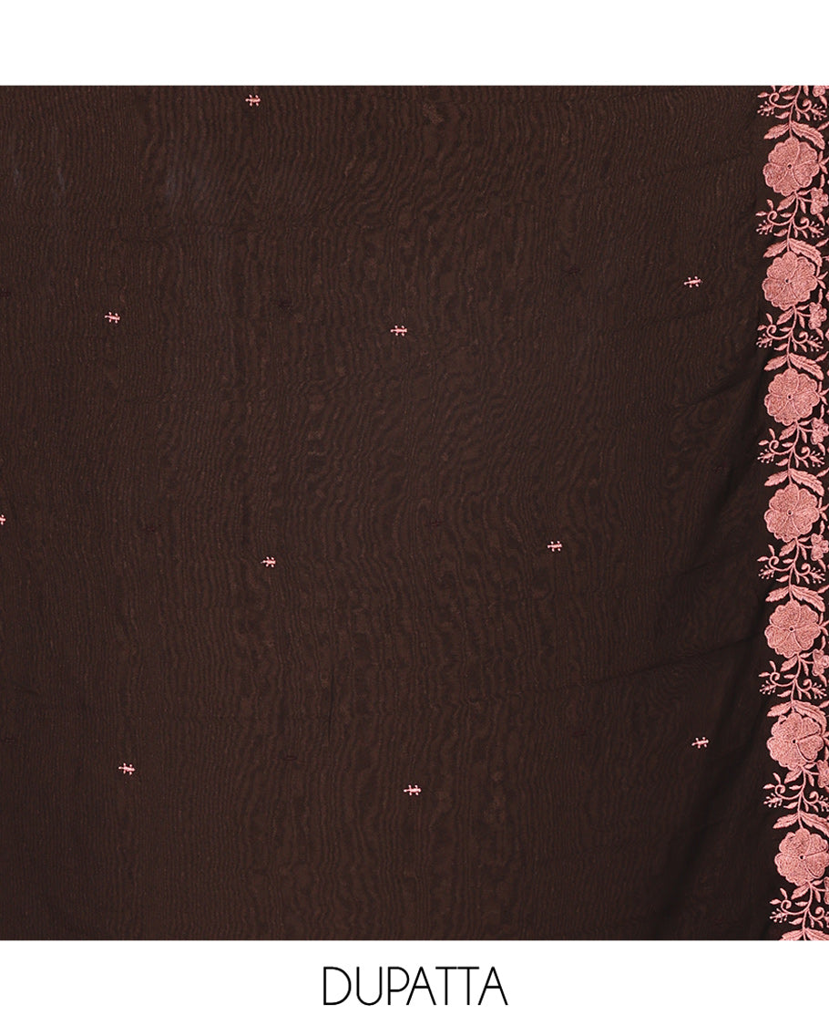 Black and Pink Material Chudidhar Set, Elevated with Floral Thread Embroidered Fox Georgette Top, Plain Santoon Bottom, and Fox Georgette Scallop Dupatta with Floral Thread Embroidery