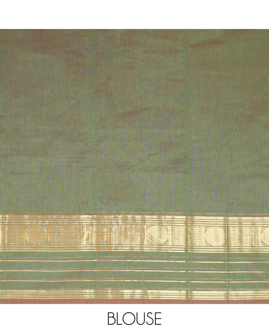 Green geometric design kanchi cotton saree with self intricate zari designb order & striped pallu