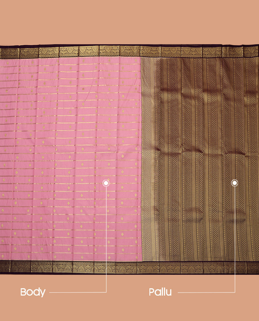 Pink Budget Silk Saree, Enthralled with Zari Buttas and Stripes, Complemented by Contrast Traditional Zari Border, Geometric Pallu, and a Contrast Blouse