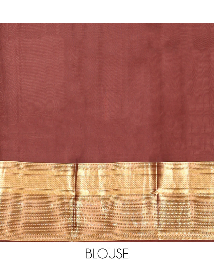 Grey-Brown Zari Buttas Vasundhara Lite Silk Mix Saree, Contrast Geometric Zari Border, Jaal Pallu, a Contrast Blouse