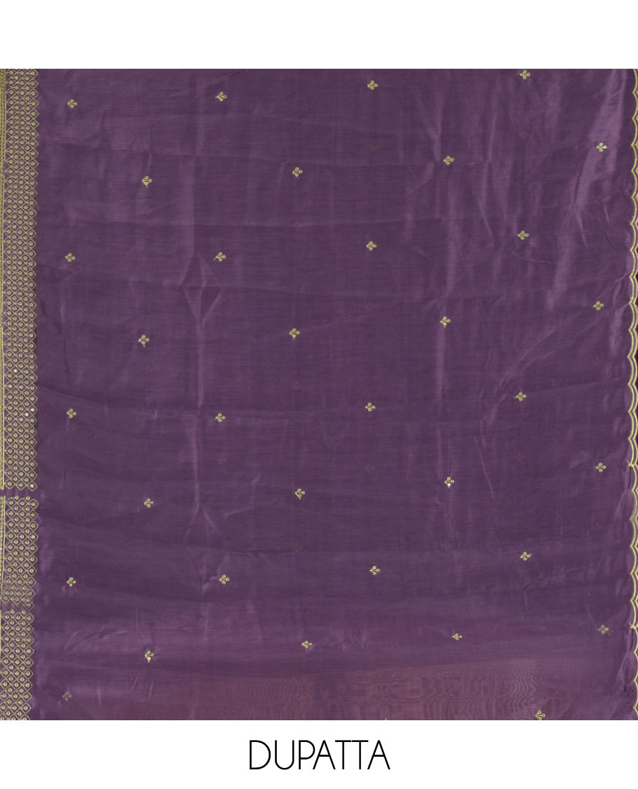 Wine Semi-Silk Material Churidar Thread-Sequins Embroidered Top, a Plain Bottom, a Embroidered Dupatta