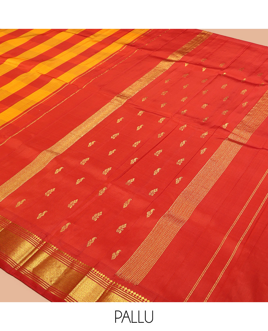 Red-Orange Kanchipuram Silk Saree, Graced with Checks, a Zari One-Sided Border of Panneer Sombu, Banaras, Muthu, and Mayil Kann Design, Zari Design Pallu, and No Blouse