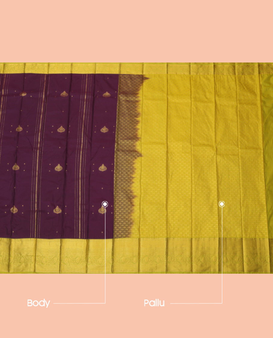 Wine Budget Silk Saree, Accentuated with Zari Buttas and Stripes, Complemented by a Contrast Traditional Zari Border, Grand Jaal Pallu, and Contrast Blouse