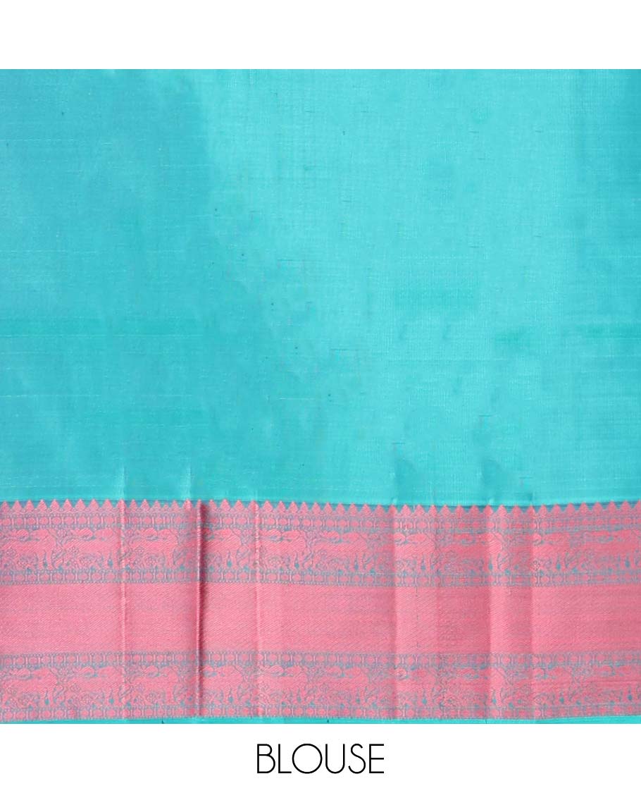 Green floral buttas kancheepuram silk saree with contrast border of thilakam mokku, muthu, paun, banaras design & zari design pallu