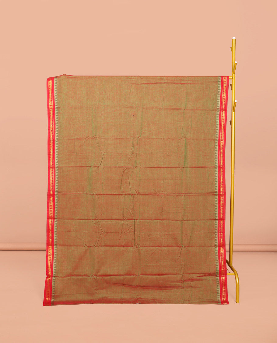 Orange Plain Narayanpet Cotton Saree, Complemented by a Contrast Traditional Design Temple Border, Striped Pallu, and Comes Without a Blouse