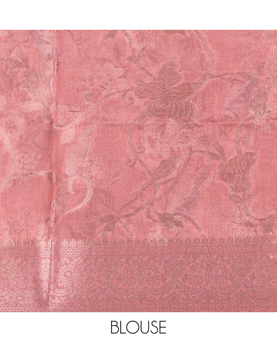 Peach floral, potta digital printed semi-dupion saree with zari weaving border & rich weaving pallu along with weaving blouse