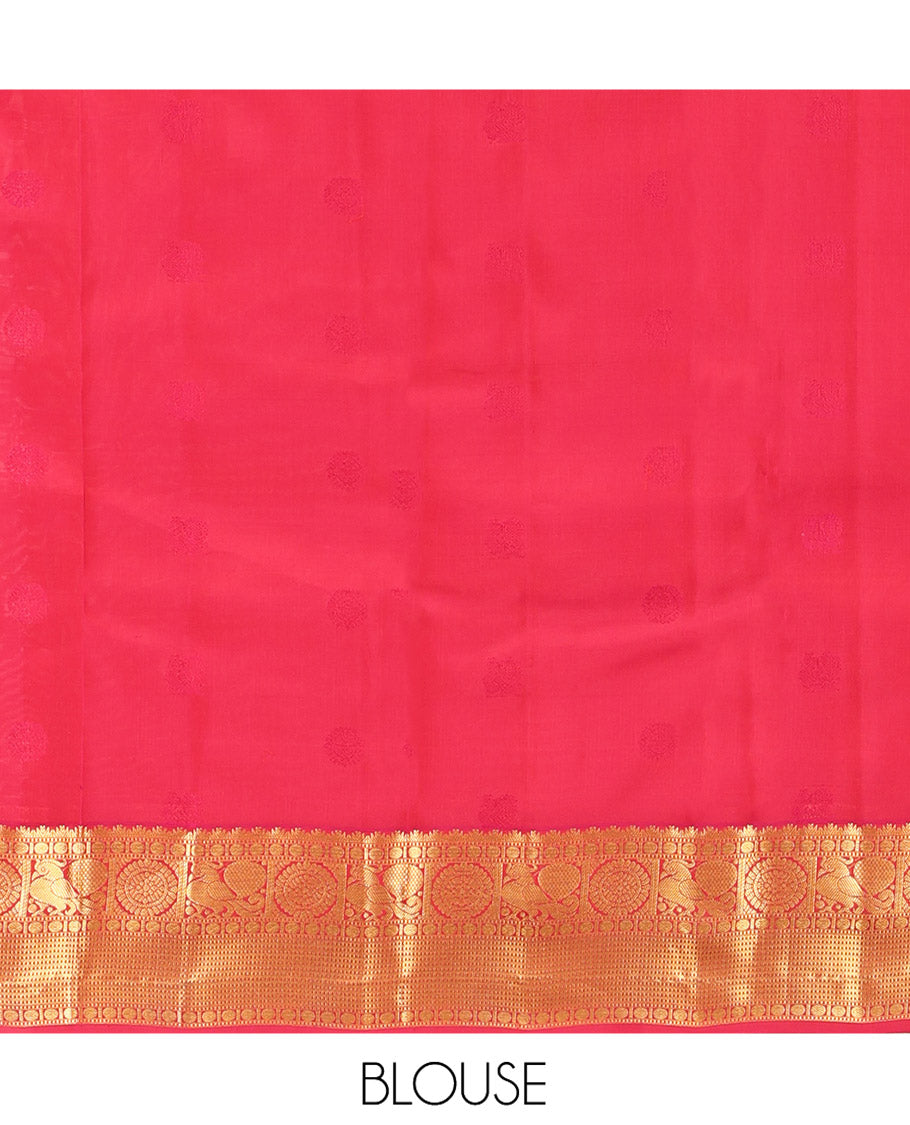 Maroon Vasundhara Lite Silk Mix Saree, Mesmerized with Annam-Chakram Butts and Stripes on Its Body, Complemented by Contrast Border of Thazampoo Rekku, Muthu, Rudraskham, Mayil, and Muthu Designs, Grand Jaal Pallu, and Paired with a Contrast Blouse